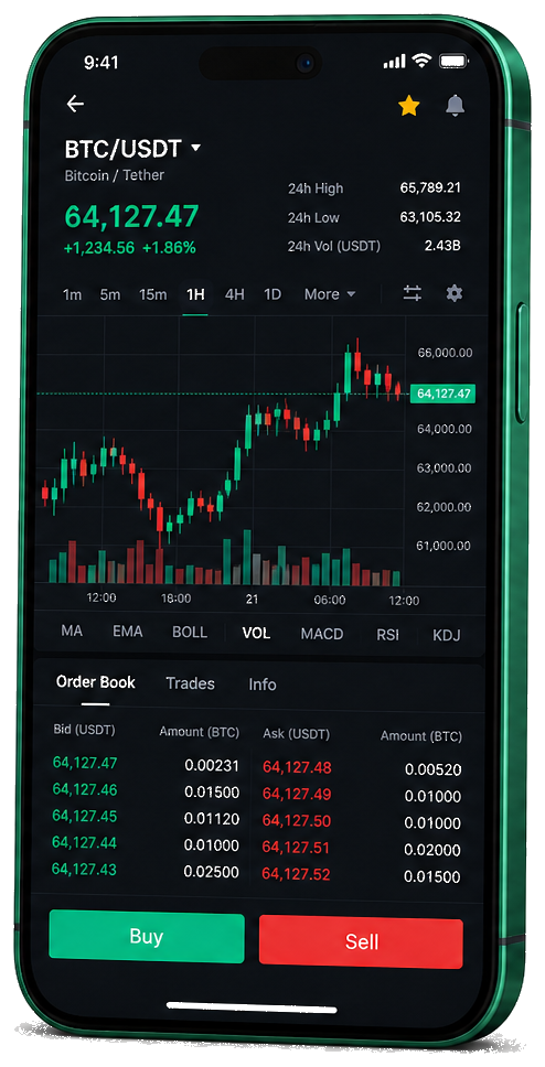 Interface mobile de trading Clos Tresoriane — cours BTC/USDT en temps réel, carnet d’ordres et outils de suivi des transactions